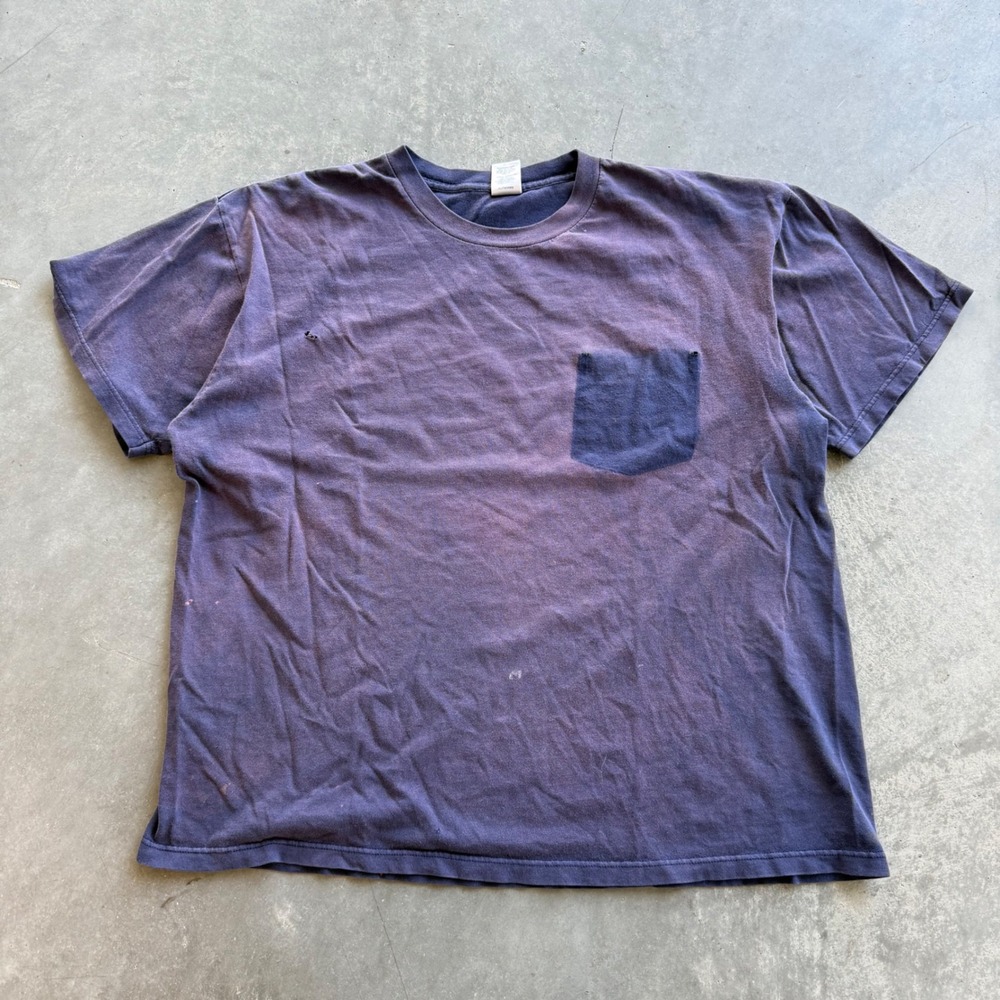 Vintage Stafford Mens Large Blue Pocket T-Shirt Faded Distressed Sun Bleached